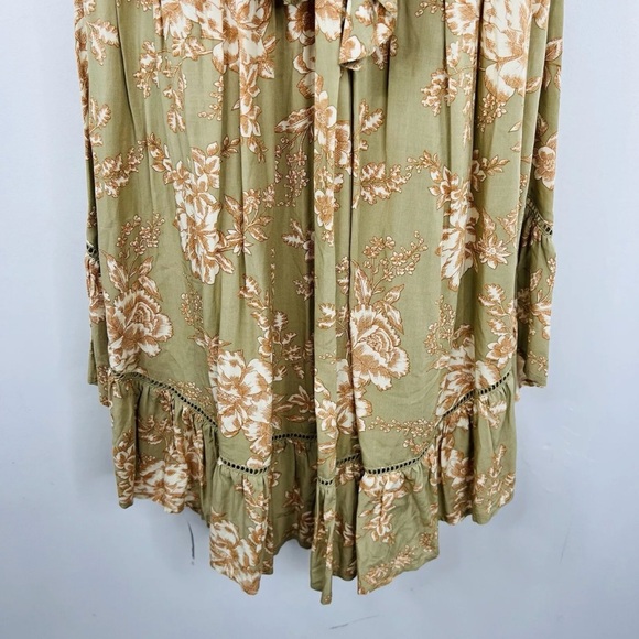 Kivari Lani Front Tie Dress Green Fliral Keyholw Midi High Low Smocked Ruffle - Picture 6 of 10